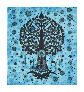 Sanu Babu Prikrývka s tlačou strom života a Budha, čierno-tyrkysový 200x230cm