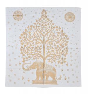 Sanu Babu Prikrývka s tlačou, strom života a slon, bielo-zlatý, 230x200 cm