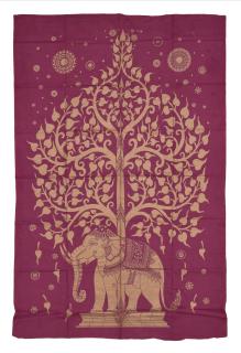 Sanu Babu Prikrývka s tlačou, vínový, zlatá tlač strom života a slon, 140x204cm