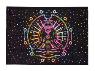 Sanu Babu Prikrývka s tlačou Yoga a čakry, čierny a batikovaný podklad 130x210cm