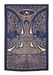 Sanu Babu Prikrývka s tlačou Yoga a čakry, modro-zlatý 130x210cm