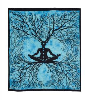 Sanu Babu Prikrývka s tlačou Yoga a strom života, čierno-tyrkysový 200x230cm