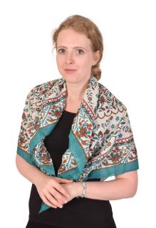 Sanu Babu Šatka s potlačou kvetinovej mandaly tyrkysovo zelená, bavlna, štvorec 100x100cm