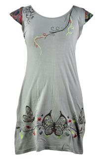 Sanu Babu Šedé šaty s krátkym rukávom, "Butterfly" design, farebná potlač a výšivka L