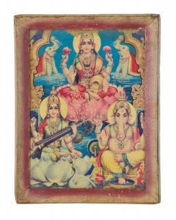 Sanu Babu Starý obraz v teakovom ráme, Lakšmí, Saraswatí, Ganéš, 27x2x34cm