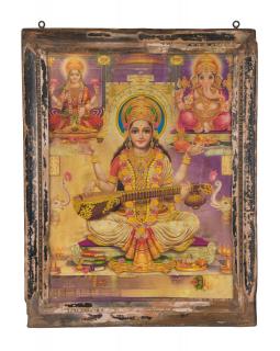 Sanu Babu Starý obraz v teakovom ráme, Lakšmí, Saraswatí, Ganéš, 47x2x59cm