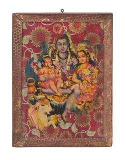 Sanu Babu Starý obraz v teakovom ráme, Šiva, Ganéš, Parvati, 29x2x38cm