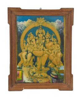 Sanu Babu Starý obraz v teakovom ráme, Šiva, Ganéš, Parvati, Kartik, 41x2x51cm