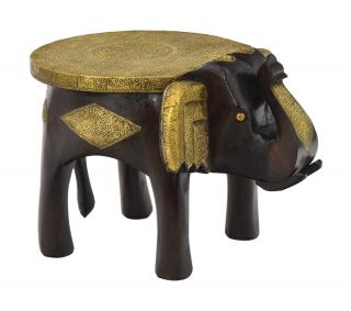 Sanu Babu Stolička v tvare slona zdobená mosadzným kovaním, 42x30x30cm