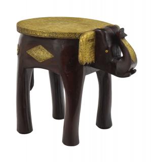 Sanu Babu Stolička v tvare slona zdobená mosadzným kovaním, 49x37x45cm