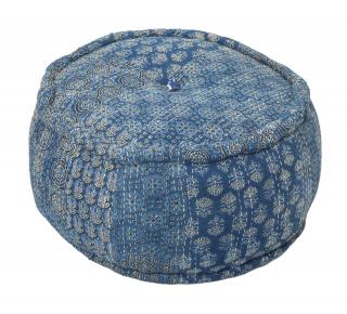 Sanu Babu Taburet z Rajasthanu modrý blockprint, priemer 53cm výška 40cm patchwork