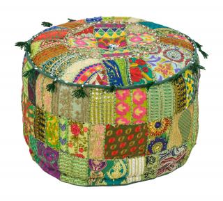 Sanu Babu Taburet z Rajasthanu s bohatou Ari výšivkou, priemer 53cm výška 40cm patchwork (AL)
