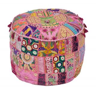 Sanu Babu Taburet z Rajasthanu s bohatou Ari výšivkou, priemer 53cm výška 40cm patchwork (BF)