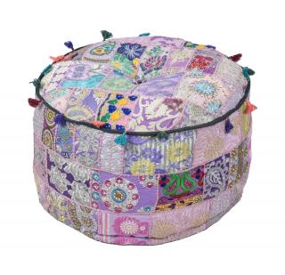 Sanu Babu Taburet z Rajasthanu s bohatou Ari výšivkou, priemer 53cm výška 40cm patchwork (BY)