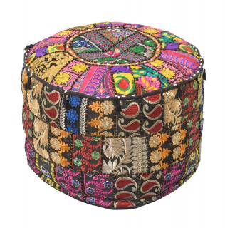 Sanu Babu Taburet z Rajasthanu s bohatou Ari výšivkou, priemer 53cm výška 40cm patchwork (CA)