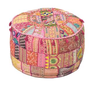 Sanu Babu Taburet z Rajasthanu s bohatou Ari výšivkou, priemer 53cm výška 40cm patchwork (CB)