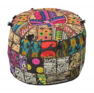 Sanu Babu Taburet z Rajasthanu s bohatou Ari výšivkou, priemer 53cm výška 40cm patchwork (CC)