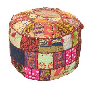 Sanu Babu Taburet z Rajasthanu s bohatou Ari výšivkou, priemer 53cm výška 40cm patchwork (CE)