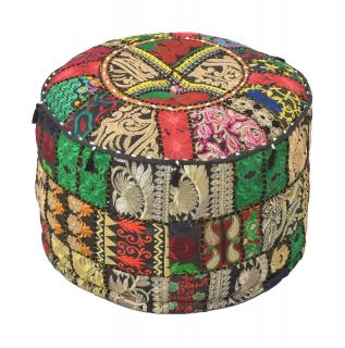 Sanu Babu Taburet z Rajasthanu s bohatou Ari výšivkou, priemer 53cm výška 40cm patchwork (CM)