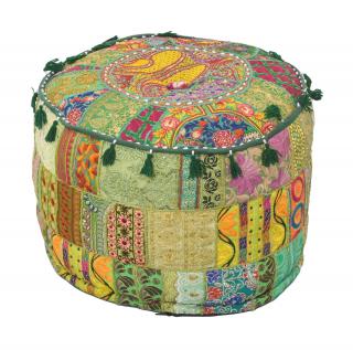 Sanu Babu Taburet z Rajasthanu s bohatou Ari výšivkou, priemer 53cm výška 40cm patchwork (CN)