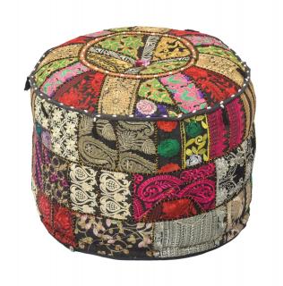 Sanu Babu Taburet z Rajasthanu s bohatou Ari výšivkou, priemer 53cm výška 40cm patchwork (CP)