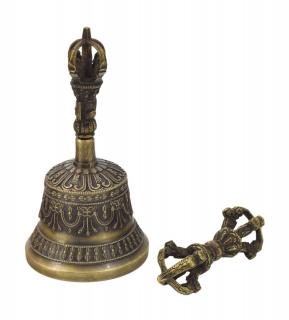 Sanu Babu Tibetský zvon a dorje, mosadzná farba, ornament, 14cm