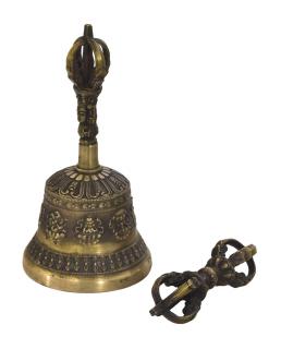 Sanu Babu Tibetský zvon a dorje, mosadzná farba, ornament, 16cm