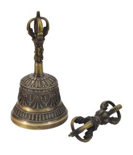 Sanu Babu Tibetský zvon a dorje, mosadzná farba, ornament, 17cm (2A)