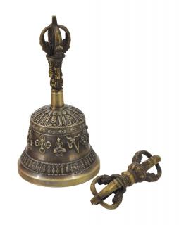 Sanu Babu Tibetský zvon a dorje, mosadzná farba, ornament, 17cm (2B)