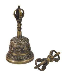 Sanu Babu Tibetský zvon a dorje, mosadzná farba, ornament, 17cm (2C)