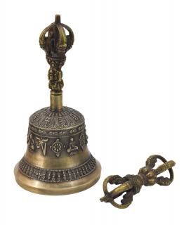 Sanu Babu Tibetský zvon a dorje, mosadzná farba, ornament, 19cm