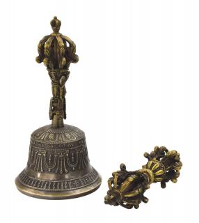 Sanu Babu Tibetský zvon a dorje, mosadzná farba, ornament, 23cm