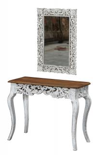 Sanu Babu Toaletný stolík z mangového dreva a zrkadlo, biela patina, 94x40x77cm