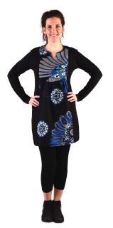 Sanu Babu Tunika s dlhým rukávom, čierna s modrou potlačou kvetín L/XL
