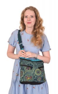 Sanu Babu Tyrkysová crossbody kabelka s potlačou mandál, 6 vreciek na zips, 35x28cm