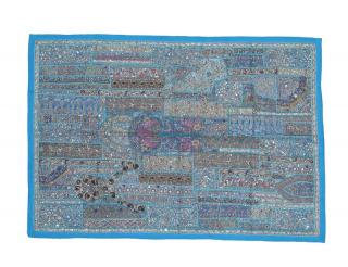 Sanu Babu Unikátna tapiséria z Rajastanu, tyrkysová, ručné zlaté vyšívanie, 108x157cm