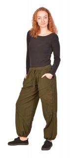 Sanu Babu Unisex balónové nohavice bavlnené, khaki zelená, vrecká, guma a šnúrka v páse L/XL