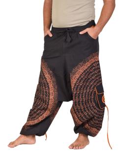 Sanu Babu Unisex čierne turecké nohavice s vreckami, oranžová potlač, pružný pás S/M