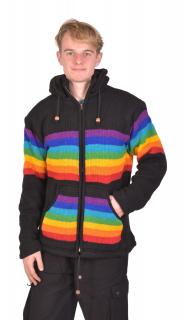 Sanu Babu Vlnený unisex sveter s kapucňou a vreckami, na zips, čierny s rainbow pruhmi L
