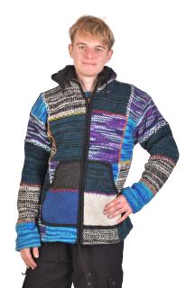 Sanu Babu Vlnený unisex sveter s kapucňou a vreckami, na zips, farebný patchwork XL