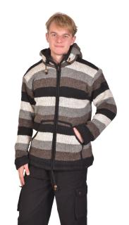 Sanu Babu Vlnený unisex sveter s kapucňou a vreckami, na zips, pruhy čierno-šedo-biele XL