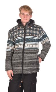 Sanu Babu Vlnený unisex sveter s kapucňou a vreckami, na zips, šedo-modro-biely XL
