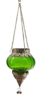 Sanu Babu Závesný sklenený svietnik, zelený, kovové zdobenie, 9x9x14cm