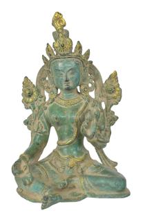 Sanu Babu Zelená Tara, mosadzná soška, antik patina, 17x18x26cm