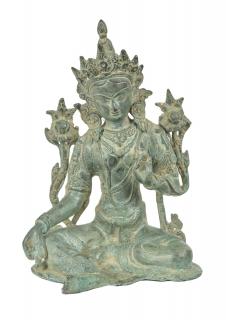 Sanu Babu Zelená Tara, mosadzná soška, antik patina, 18x16x25cm