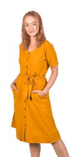 Sanu Babu Žlté šaty s krátkym rukávom, midi dĺžka, vrecká, zapínacie s opaskom S/M