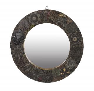 Sanu Babu Zrkadlo v okrúhlom ráme z teakového dreva zdobené starými raznicami, 60x4x60cm (7M)