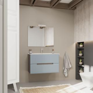 KV STORE kúpeľnový nábytok MANGOLIA 80 cm bočná strana prírodný dub, dvierka matné modré s umývadlom a zrkadlom