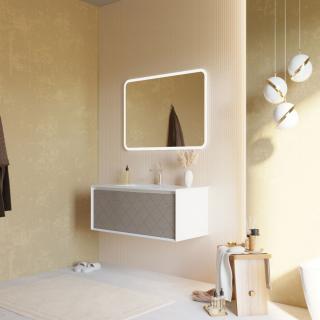KVS STORE MIAMI 100 cm kúpeľňový nábytok biela matná +predná strana popolová so vzorom 1 x zásuvka,keramické umývadlo, zrkadlo z LED osvetlením