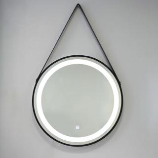 LED zrkadlo priemer 60cm v čiernom ráme a koženkovým zavesením a vypínačom (akcia do 11.04.2023 alebo do odvolania)